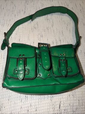mat & nat Green Vegan Leather Shoulder Bag with Front Buckle Pockets
